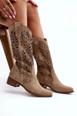 Hot Zazoo 3403 Ażurowe Kozaki Damskie Na Niskim Obcasie Jasnobeżowe