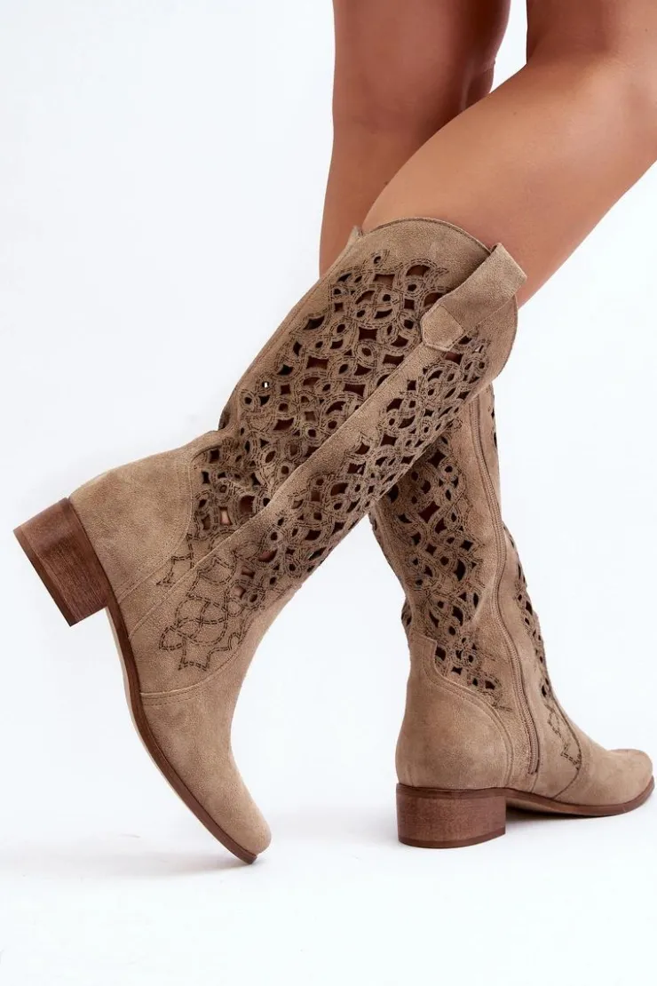 Hot Zazoo 3403 Ażurowe Kozaki Damskie Na Niskim Obcasie Jasnobeżowe