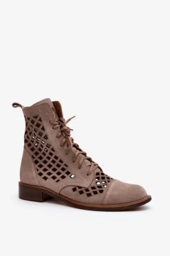 Zazoo Botki Wiosenne|Botki Skórzane*2695 Ażurowe Skórzane Botki Beżowe Beżowy