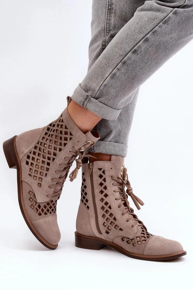 Zazoo Botki Wiosenne|Botki Skórzane*2695 Ażurowe Skórzane Botki Beżowe Beżowy