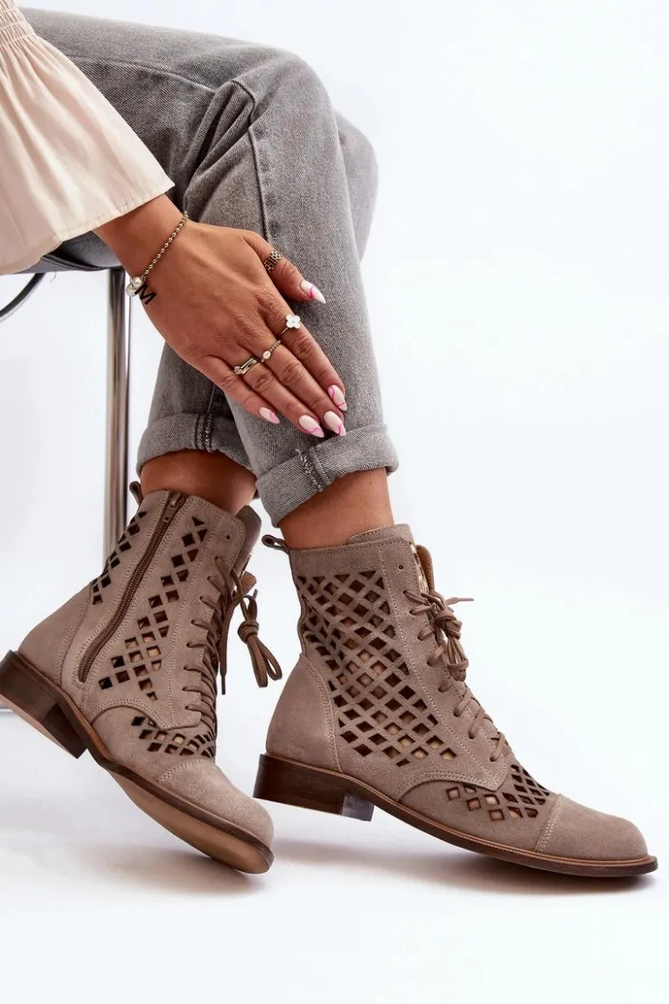 Zazoo Botki Wiosenne|Botki Skórzane*2695 Ażurowe Skórzane Botki Beżowe Beżowy