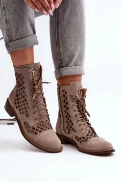 Zazoo Botki Wiosenne|Botki Skórzane*2695 Ażurowe Skórzane Botki Beżowe Beżowy
