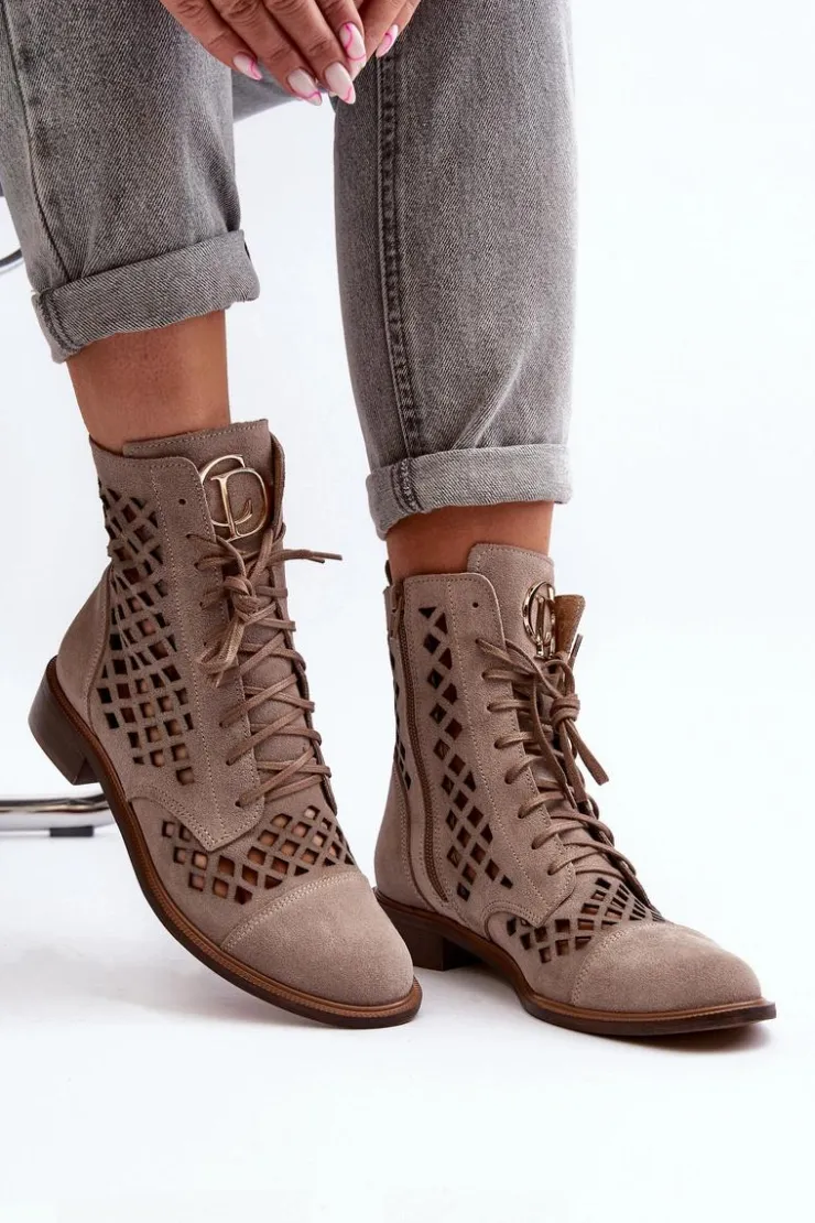 Zazoo Botki Wiosenne|Botki Skórzane*2695 Ażurowe Skórzane Botki Beżowe Beżowy