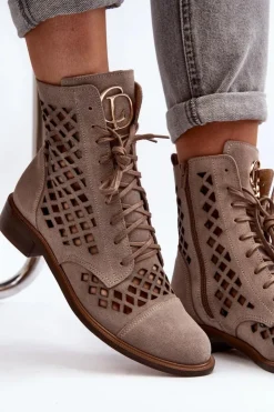 Zazoo Botki Wiosenne|Botki Skórzane*2695 Ażurowe Skórzane Botki Beżowe Beżowy