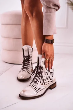 Zazoo Botki Wiosenne|Botki Skórzane*2627 Ażurowe Skórzane Botki Biało-Srebrne