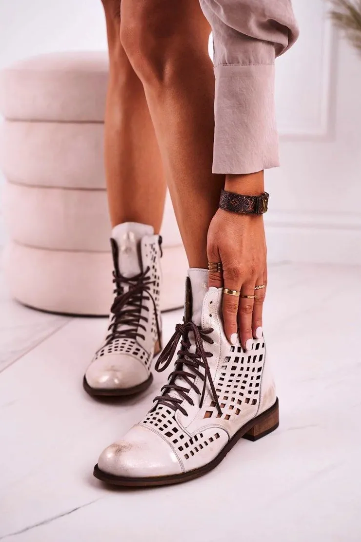 Zazoo Botki Wiosenne|Botki Skórzane*2627 Ażurowe Skórzane Botki Biało-Srebrne