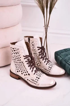 Zazoo Botki Wiosenne|Botki Skórzane*2627 Ażurowe Skórzane Botki Biało-Srebrne