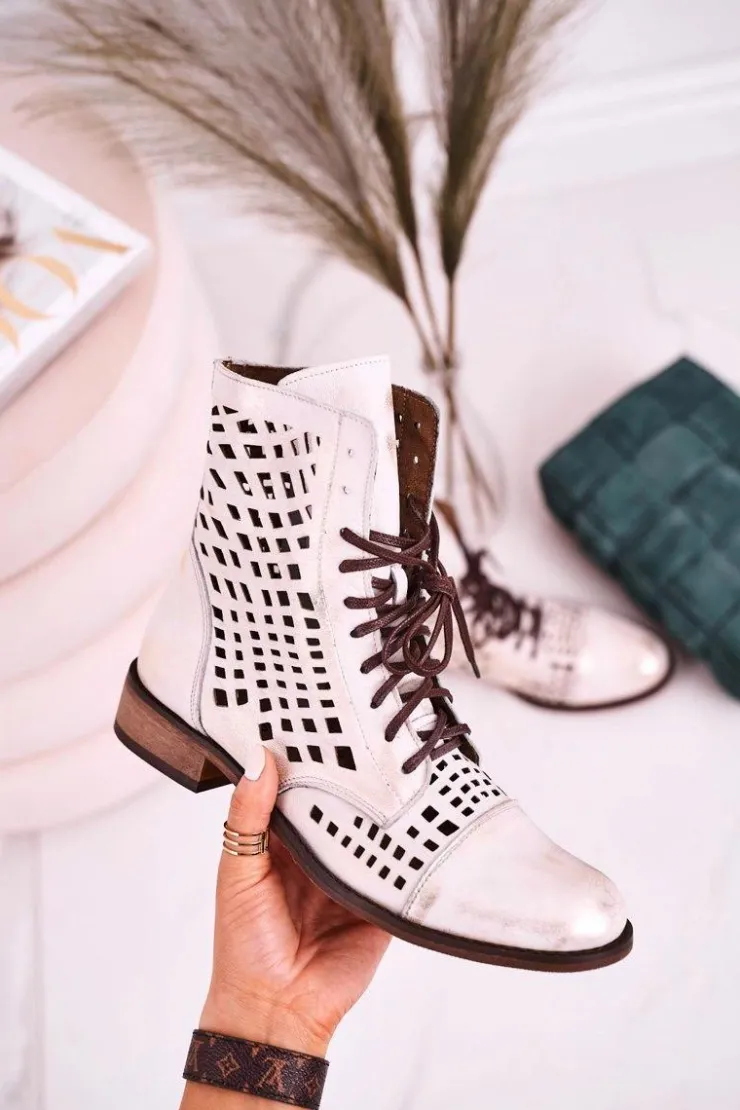 Zazoo Botki Wiosenne|Botki Skórzane*2627 Ażurowe Skórzane Botki Biało-Srebrne