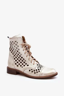 Damskie Zazoo 2695 Ażurowe Skórzane Botki Przecierany