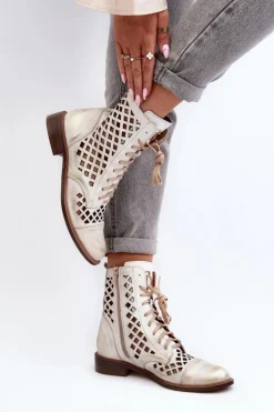 Damskie Zazoo 2695 Ażurowe Skórzane Botki Przecierany