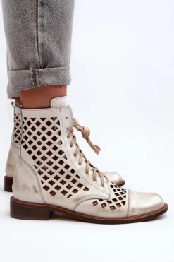 Damskie Zazoo 2695 Ażurowe Skórzane Botki Przecierany
