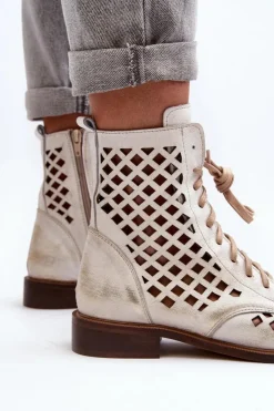 Damskie Zazoo 2695 Ażurowe Skórzane Botki Przecierany