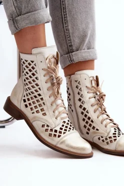 Damskie Zazoo 2695 Ażurowe Skórzane Botki Przecierany