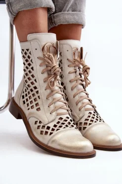 Damskie Zazoo 2695 Ażurowe Skórzane Botki Przecierany