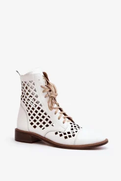 Online Zazoo 2695 Ażurowe Skórzane Botki Białe Biały