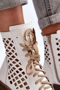 Online Zazoo 2695 Ażurowe Skórzane Botki Białe Biały