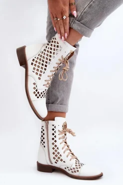 Online Zazoo 2695 Ażurowe Skórzane Botki Białe Biały