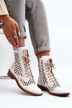 Online Zazoo 2695 Ażurowe Skórzane Botki Białe Biały