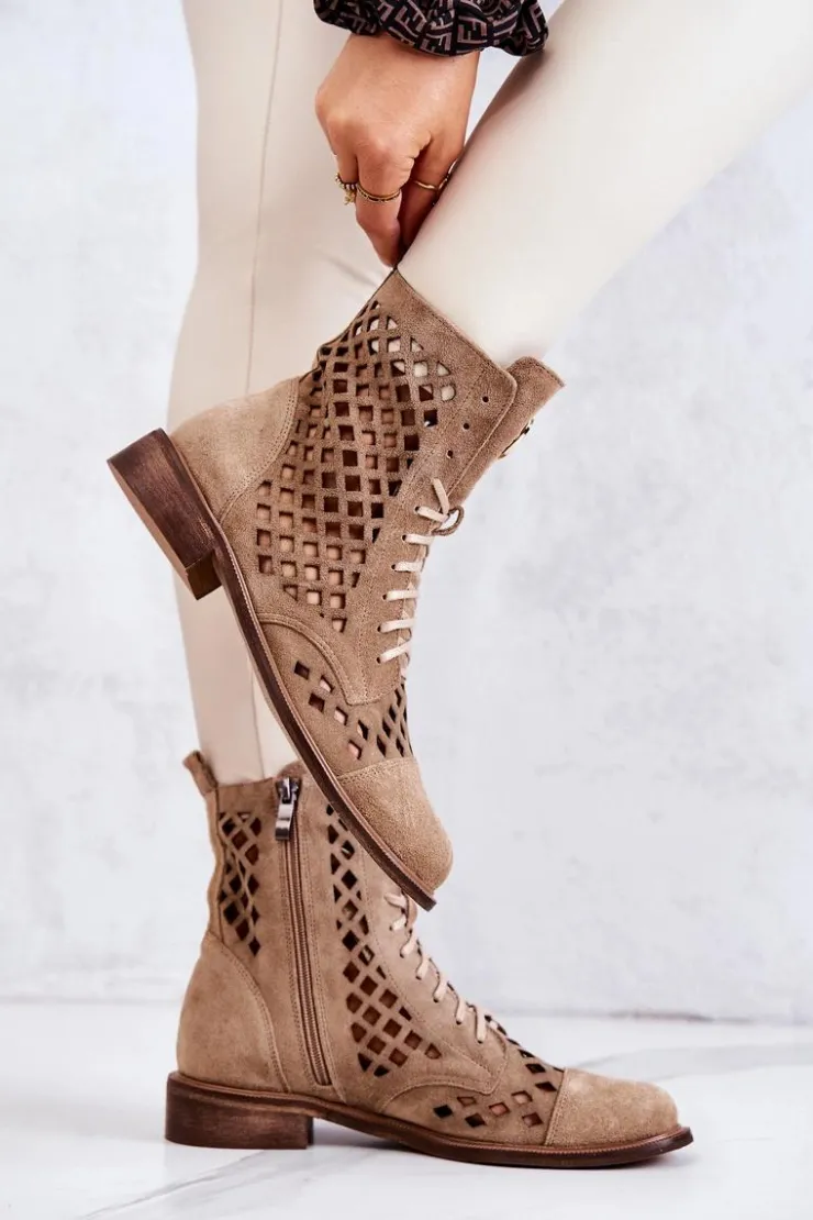 Zazoo Botki Wiosenne|Botki Sznurowane*2695 Ażurowe Skórzane Botki Camel Brązowy