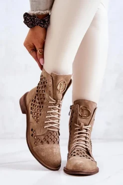 Zazoo Botki Wiosenne|Botki Sznurowane*2695 Ażurowe Skórzane Botki Camel Brązowy
