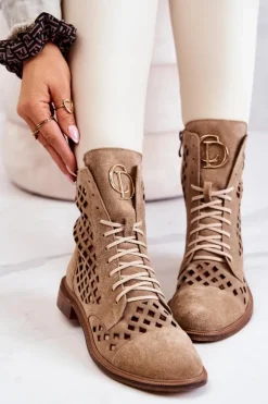 Zazoo Botki Wiosenne|Botki Sznurowane*2695 Ażurowe Skórzane Botki Camel Brązowy