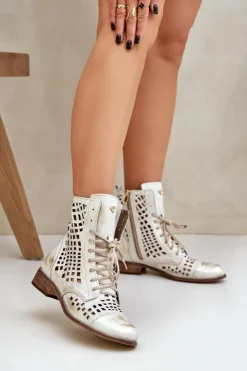 Clearance Zazoo 2627 Ażurowe Skórzane Botki Złoty Przecierany