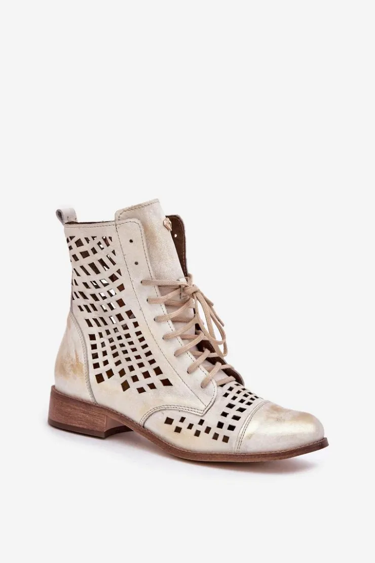 Clearance Zazoo 2627 Ażurowe Skórzane Botki Złoty Przecierany