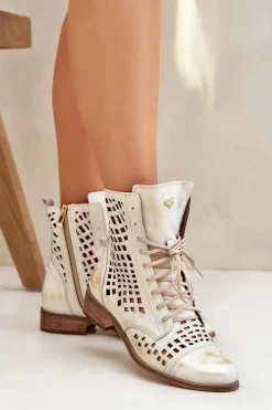 Clearance Zazoo 2627 Ażurowe Skórzane Botki Złoty Przecierany