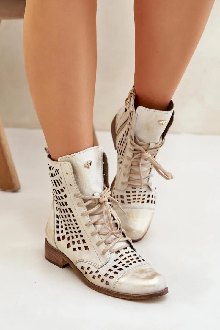 Clearance Zazoo 2627 Ażurowe Skórzane Botki Złoty Przecierany