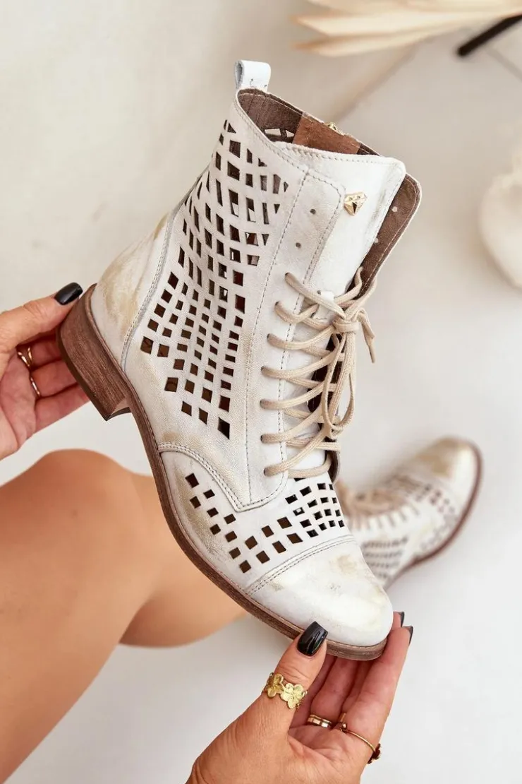 Clearance Zazoo 2627 Ażurowe Skórzane Botki Złoty Przecierany