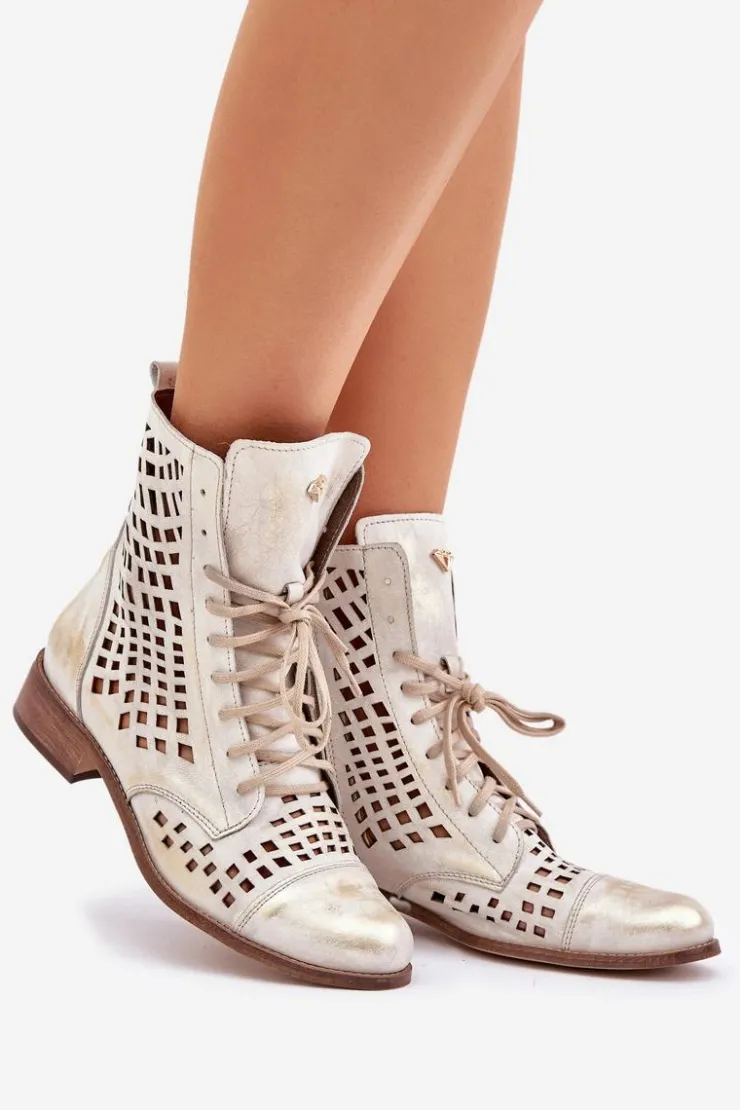 Clearance Zazoo 2627 Ażurowe Skórzane Botki Złoty Przecierany