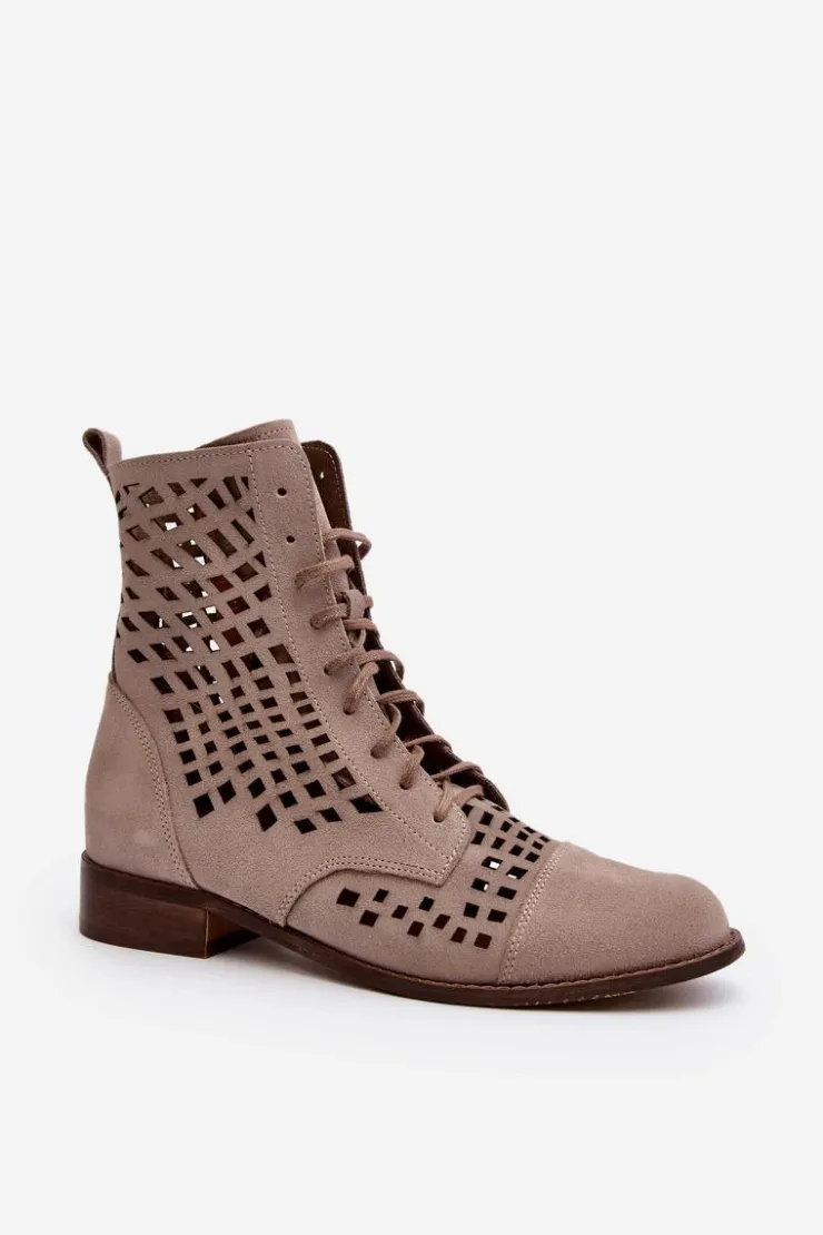 Damskie Zazoo 2627 Ażurowe Skórzane Botki Beżowe