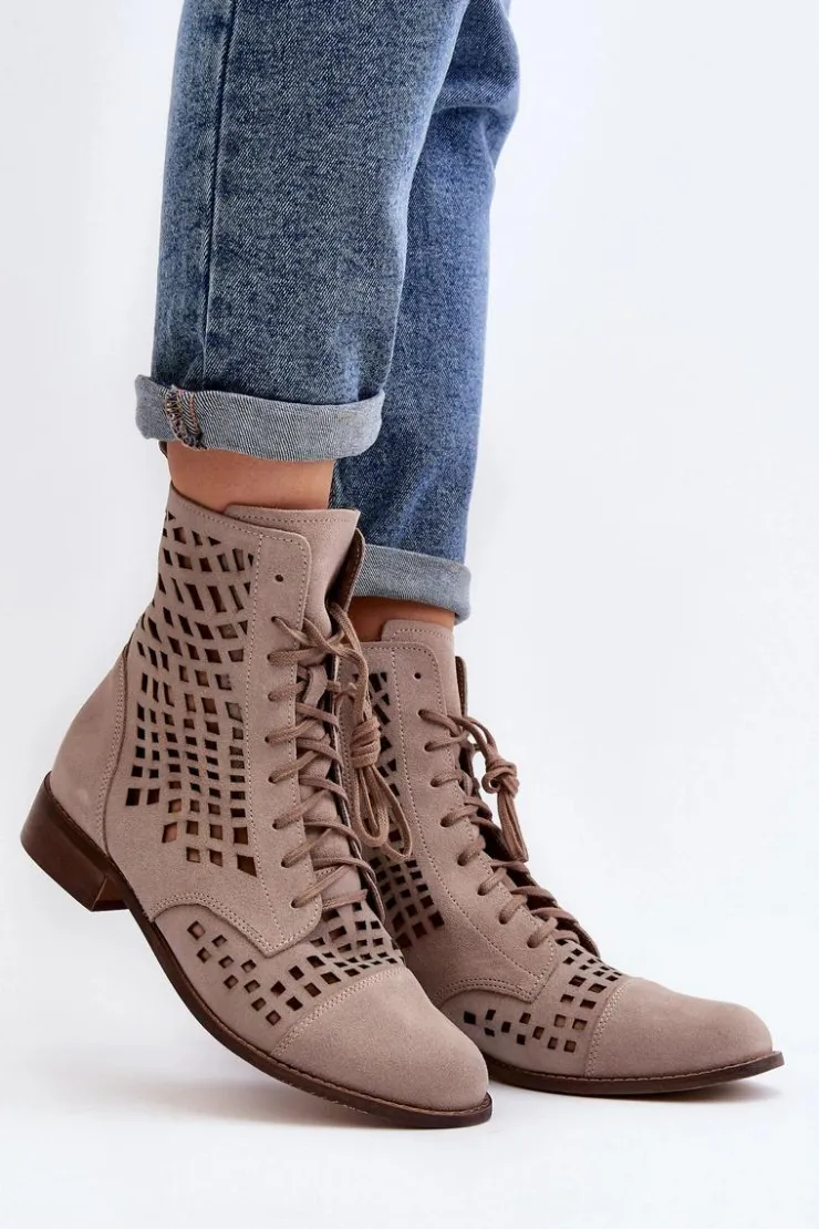 Damskie Zazoo 2627 Ażurowe Skórzane Botki Beżowe