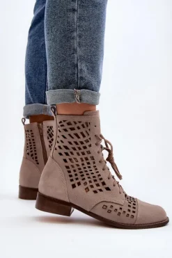 Damskie Zazoo 2627 Ażurowe Skórzane Botki Beżowe