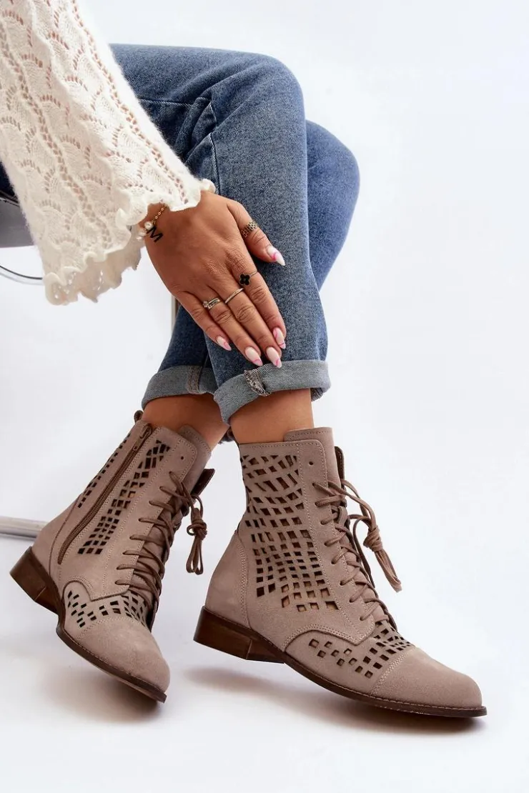 Damskie Zazoo 2627 Ażurowe Skórzane Botki Beżowe