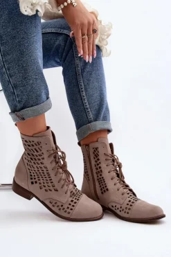 Damskie Zazoo 2627 Ażurowe Skórzane Botki Beżowe