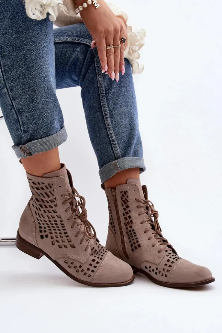 Damskie Zazoo 2627 Ażurowe Skórzane Botki Beżowe