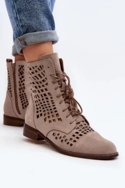 Damskie Zazoo 2627 Ażurowe Skórzane Botki Beżowe