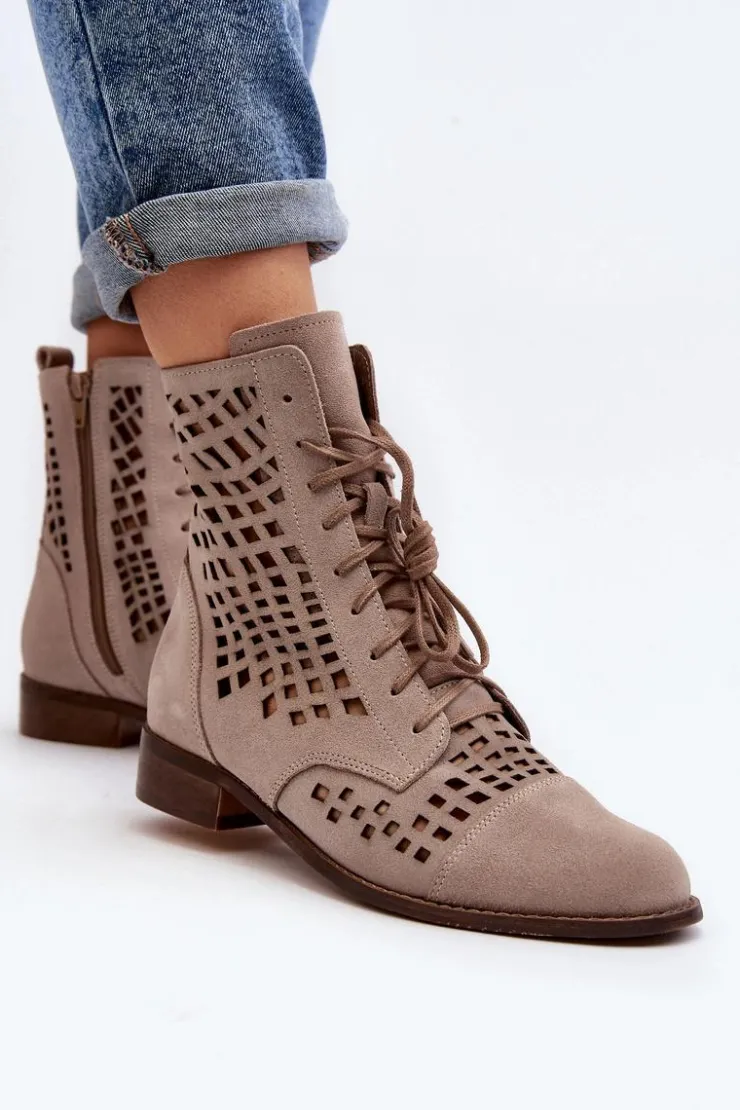 Damskie Zazoo 2627 Ażurowe Skórzane Botki Beżowe