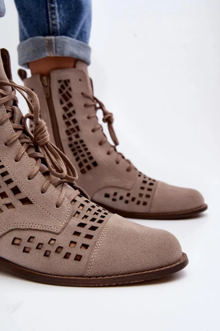 Damskie Zazoo 2627 Ażurowe Skórzane Botki Beżowe