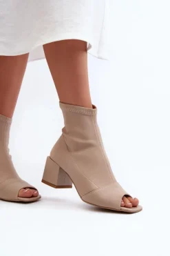 New Zazoo 2876 Botki Damskie Na Obcasie Z Odkrytymi Noskami Beżowe