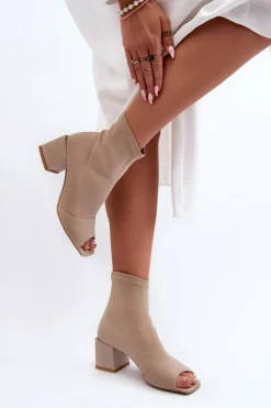 New Zazoo 2876 Botki Damskie Na Obcasie Z Odkrytymi Noskami Beżowe