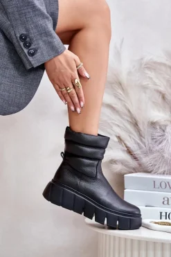 Zazoo Botki Ocieplane|Botki Skórzane*60512 Botki Damskie Skórzane Na Zamek Ocieplane Filcem Czarne Czarny