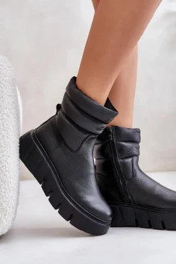 Zazoo Botki Ocieplane|Botki Skórzane*60512 Botki Damskie Skórzane Na Zamek Ocieplane Filcem Czarne Czarny