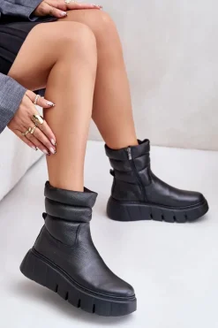 Zazoo Botki Ocieplane|Botki Skórzane*60512 Botki Damskie Skórzane Na Zamek Ocieplane Filcem Czarne Czarny