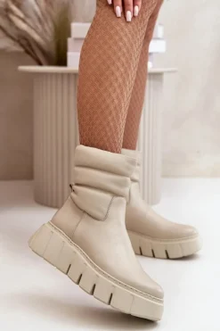 Damskie Zazoo 60512 Botki Damskie Skórzane Na Zamek Ocieplane Filcem Jasnobeżowe