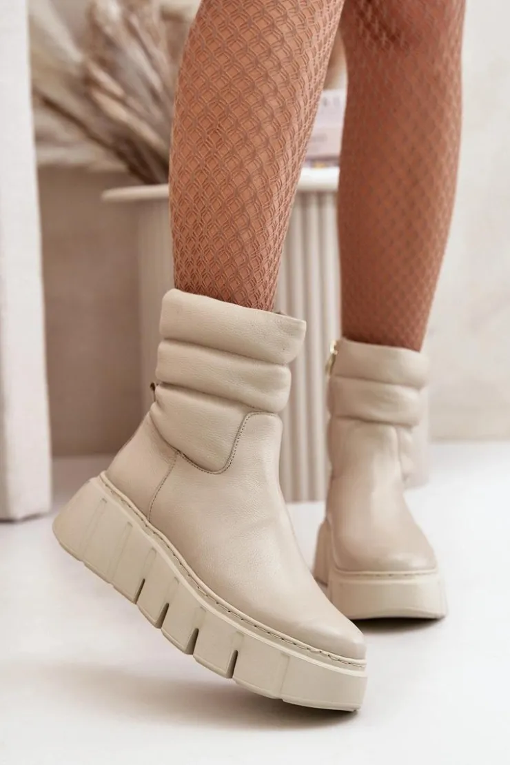 Damskie Zazoo 60512 Botki Damskie Skórzane Na Zamek Ocieplane Filcem Jasnobeżowe