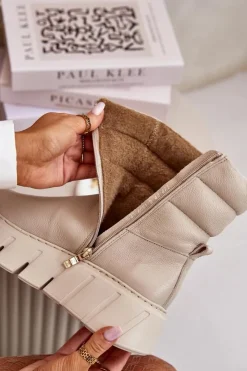 Damskie Zazoo 60512 Botki Damskie Skórzane Na Zamek Ocieplane Filcem Jasnobeżowe