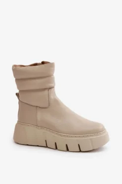 Damskie Zazoo 60512 Botki Damskie Skórzane Na Zamek Ocieplane Filcem Jasnobeżowe