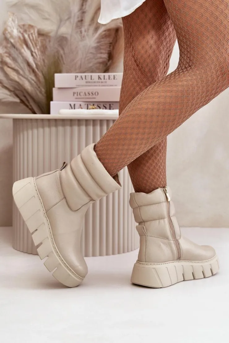 Damskie Zazoo 60512 Botki Damskie Skórzane Na Zamek Ocieplane Filcem Jasnobeżowe